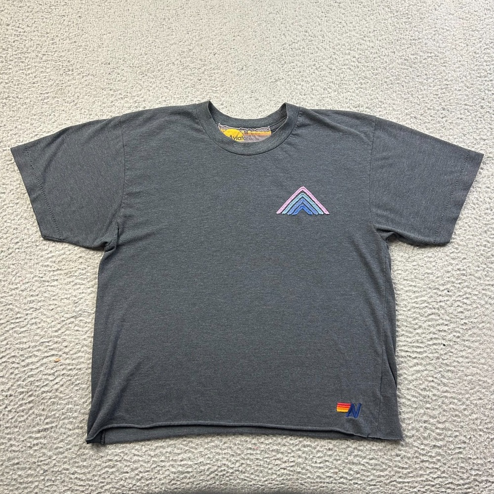Aviator Nation Womens Gray Embroidered Chevron Mountain Logo Crop Tee Medium